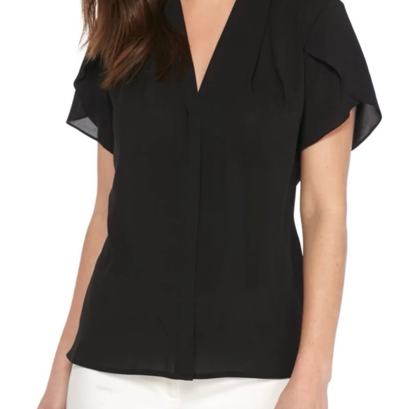 Calvin Klein Tops - Calvin Klein Black V-Neck Ruffle Short Sleeve Top NWT Size Large